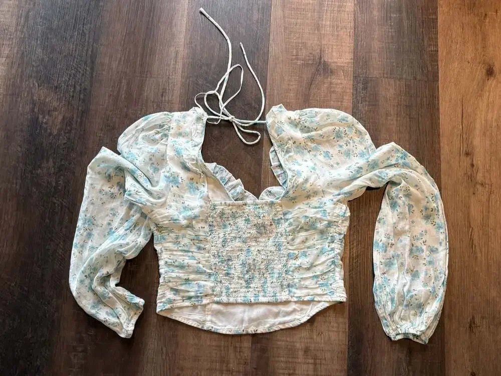 Free People Another Life Printed Smocked Tie Back Blouse